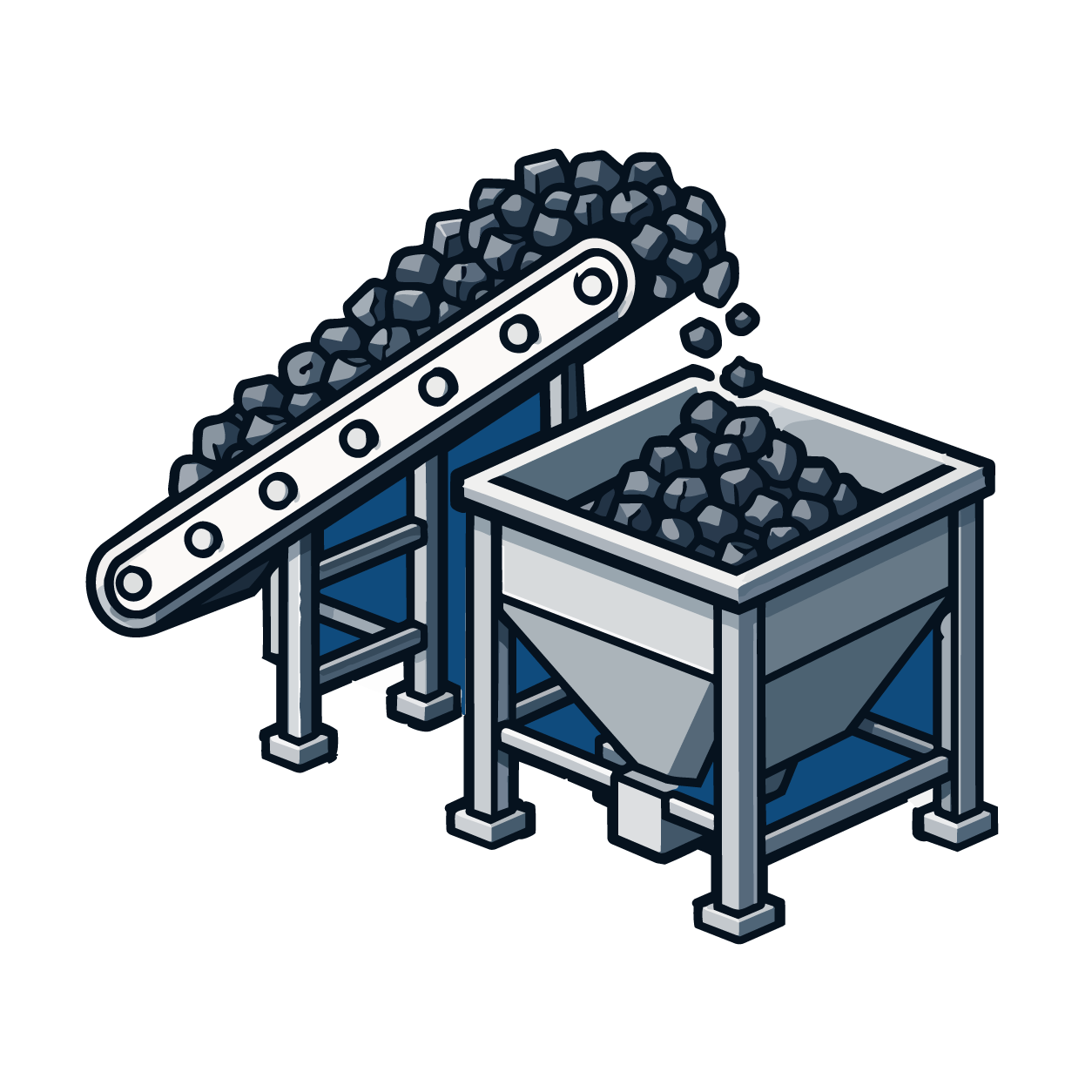Illustration of a conveyor with heavy material dumping into a hopper