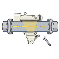 Illustration of an industrial pipe with arrows indicating flow and a radiometric measurement system attached, along with a wrench to represent maintenance
