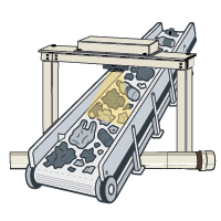 Illustration of a conveyor belt with recycling materials on it with a radiometric measurement system around it