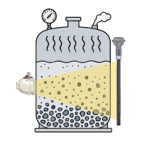 Illustration of an industrial vessel with mixed material represented and indicating high temperature and pressure