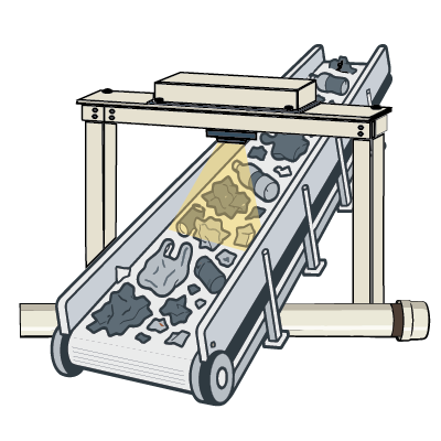 Illustration of a conveyor with material on it with a radiometric detector and source