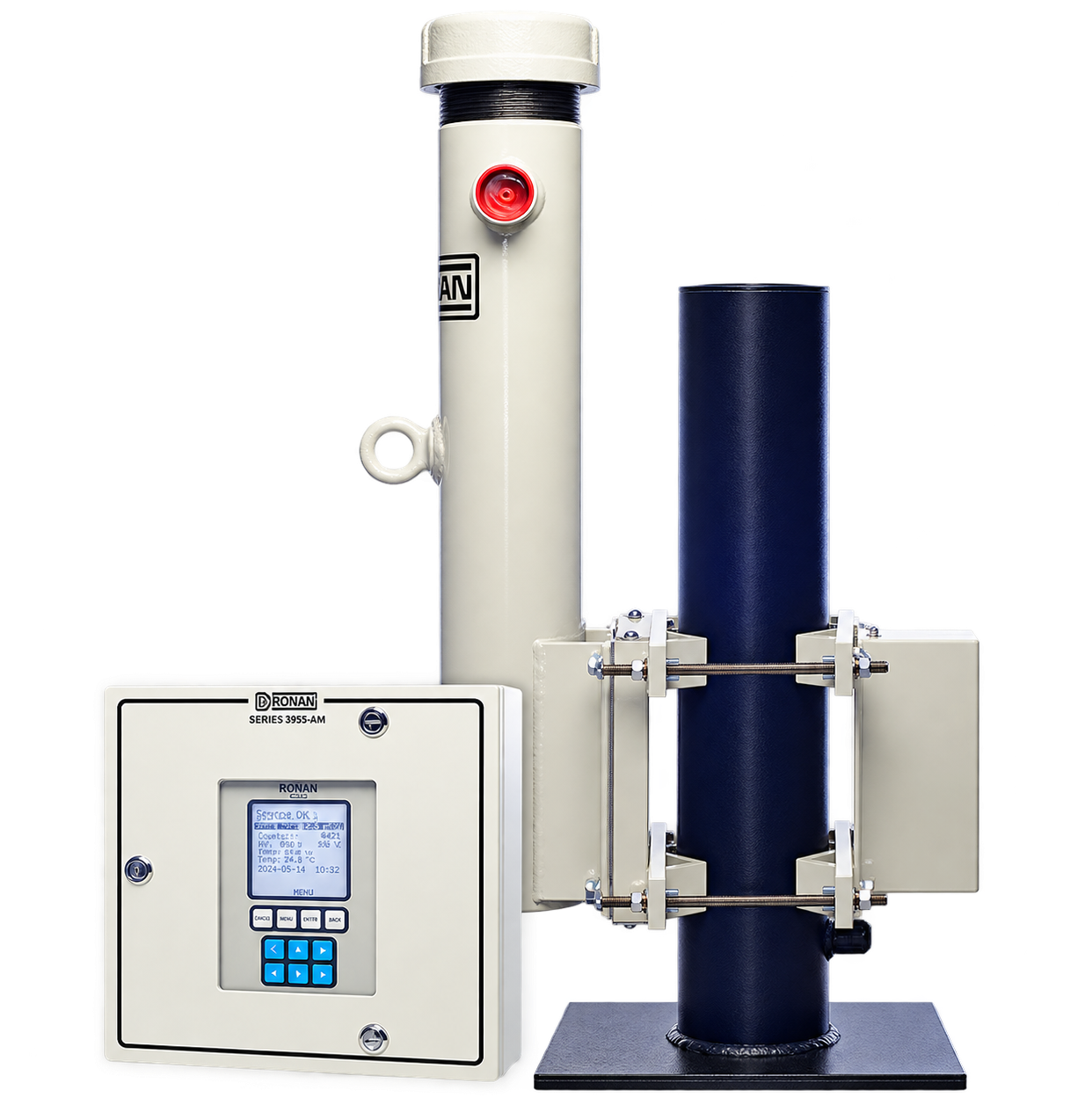 Photo of a density measurement system with a microprocessor, detector and source holder configured around a pipe