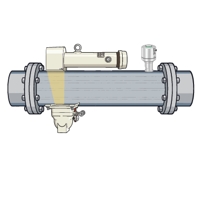 Illustration of a pipe with material flowing through it and a radiometric measurement system attached