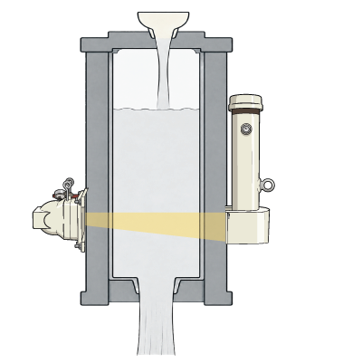 Illustration showing molten metal pouring into a mold with a radiometric system attached to measure level