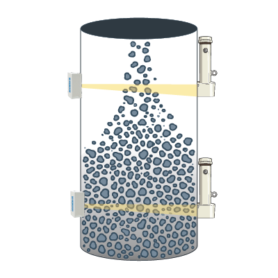 Illustration of a vessel being filled with two radiometric sources and detectors on the sides