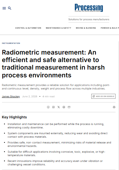 Screenshot of Processing Magazine website featuring an article about radiometric measurement from August 2026